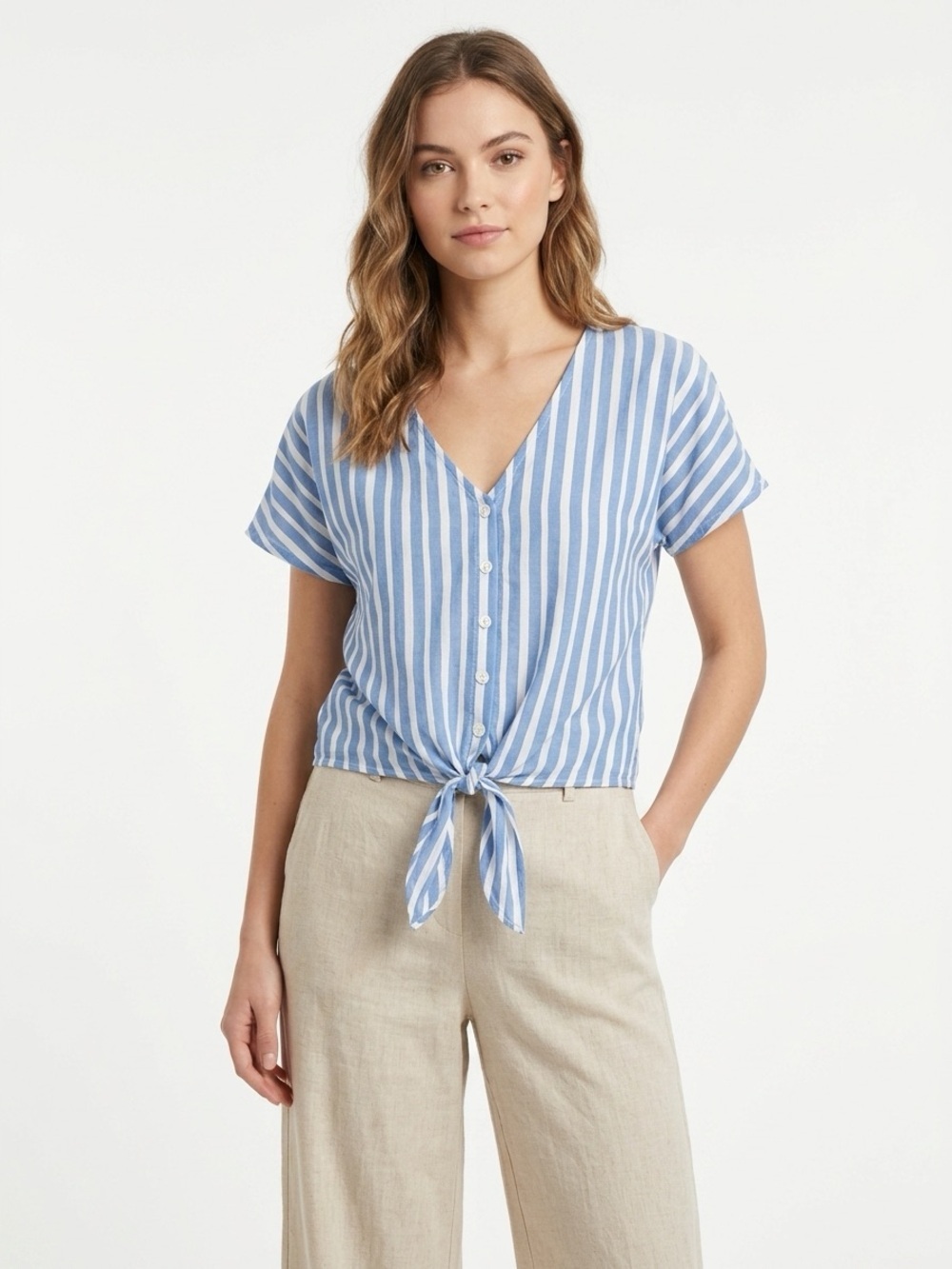 Charlotte Russe Button-Front Tie-Hem Top 100% Cotton Striped Nautical Coastal XS